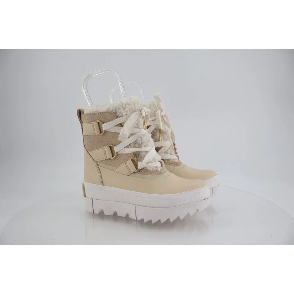 SOREL Joan of Arctic Next Boots Lug Sole Beige Leather Faux Fur Lined Size 5